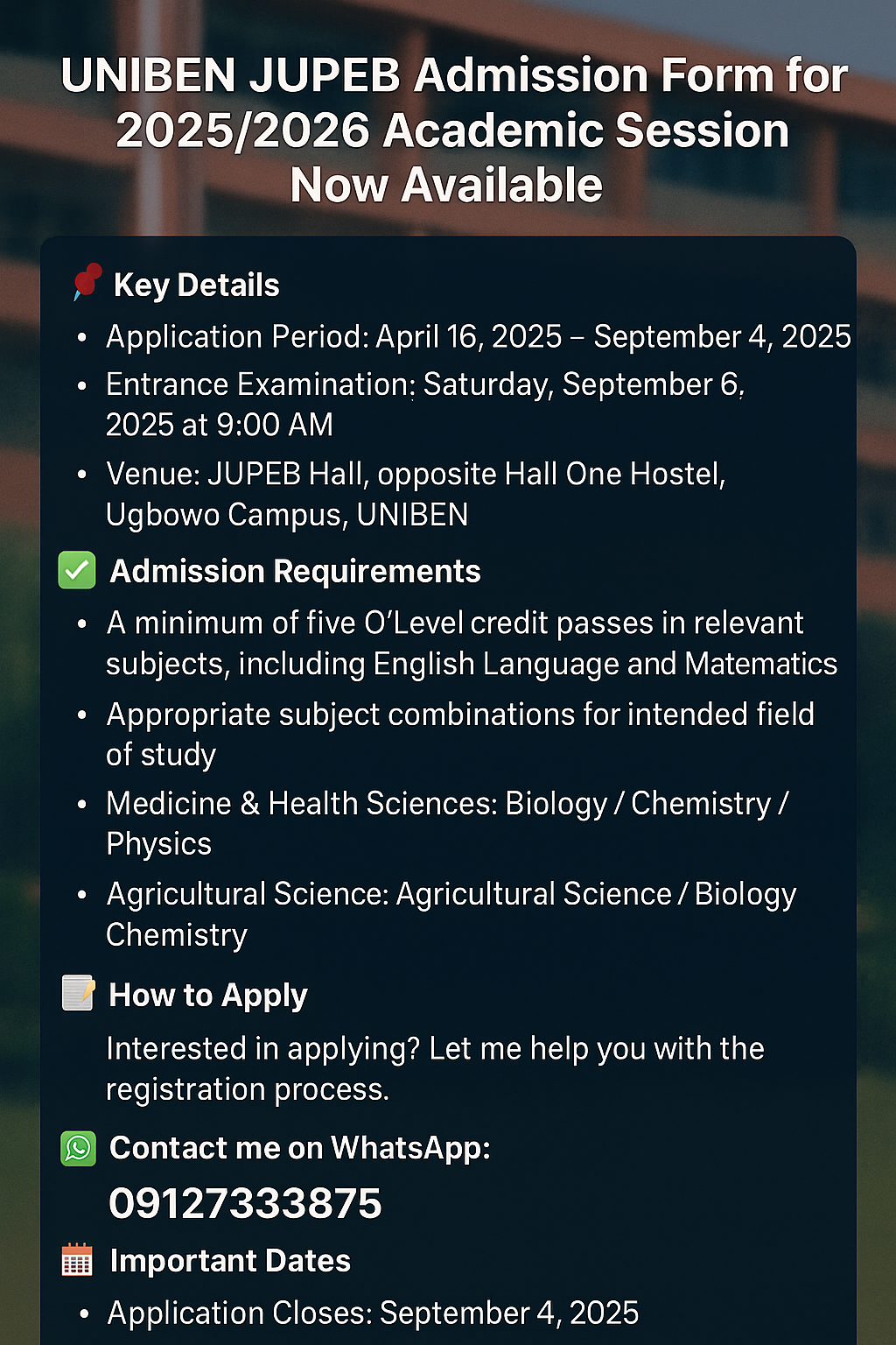 UNIBEN JUPEB Admission Form for 2025/2026 Academic Session Now Available
